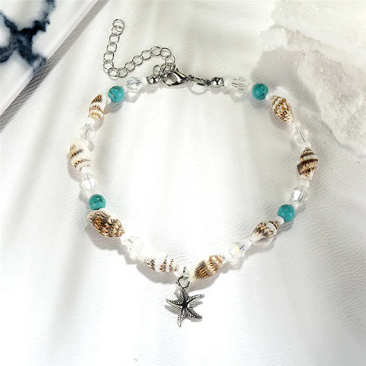 Modyle Vintage Silver Color Beads Starfish Anklets For Women Handmade Beaded Ankle Bracelet Summer Beach Foot Jewelry