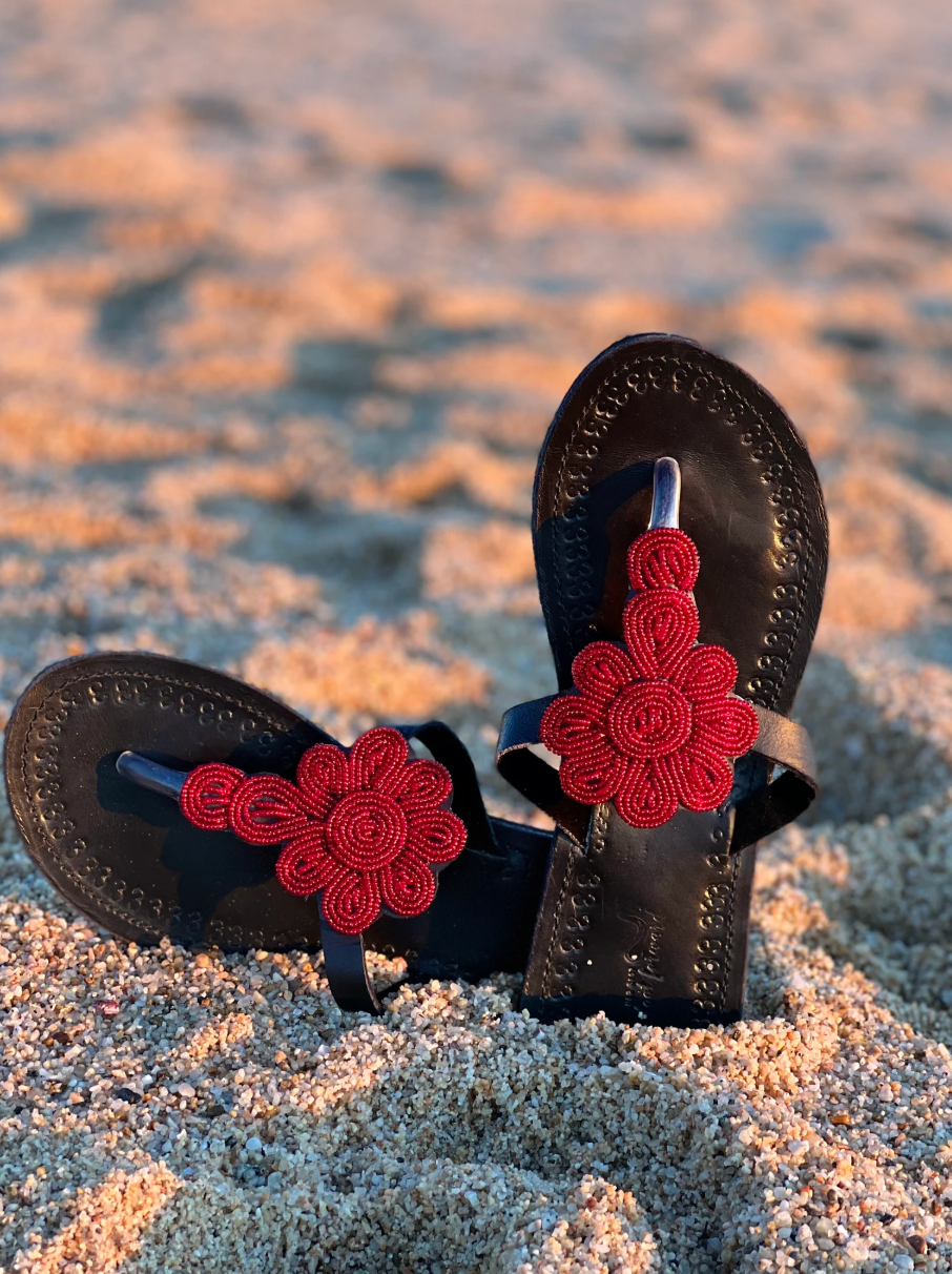 African Leather Beaded Sandals Kenya Tanzania Proceeds to Charity Women African