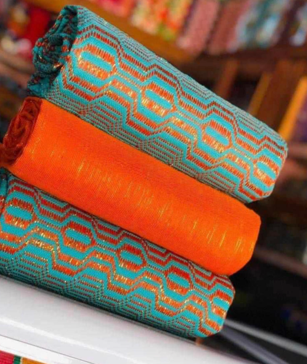 Women Handwoven Kente Fabric, Blue Gold White, Authentic