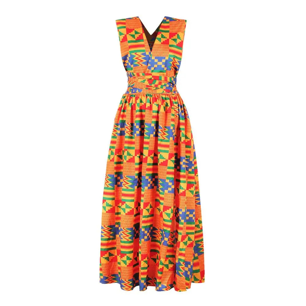Women Sexy Sleeveless Dress 2024 New Fashion Off Back National Print Lady Party Dress Vintage Casual African Long Dress Vestido