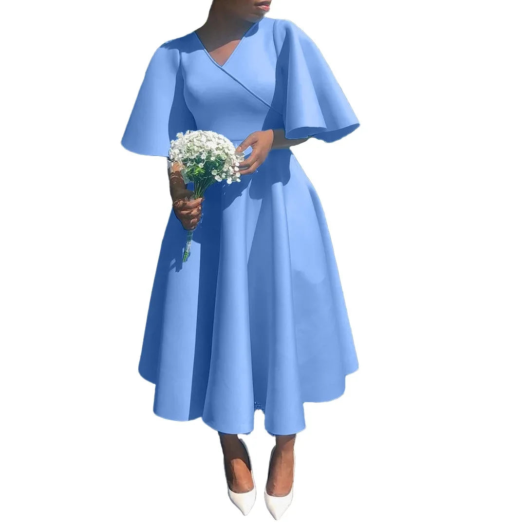 Summer Fashion African Women V-neck Polyester Short Flare Sleeve Red Black Pink Knee-length Dress African Dresses for Women