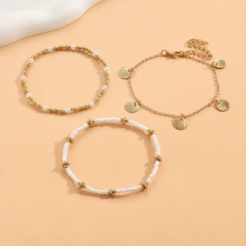 3pcs Retro Pearl Beads Anklet for Women Fashion Handmade Shell Butterfly On Foot Bracelet Bohemian Summer Beach Jewelry Gifts