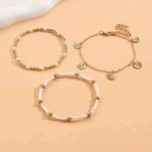 3pcs Retro Pearl Beads Anklet for Women Fashion Handmade Shell Butterfly On Foot Bracelet Bohemian Summer Beach Jewelry Gifts