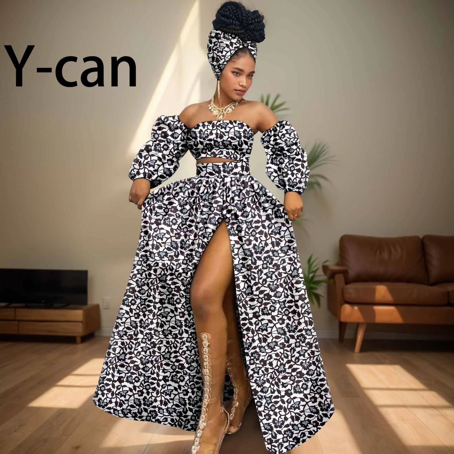 African Women Sexy Sets Two Pieces 2024 Ankara Print Tube Top High Slit Skirt Free Headscarf Female Outfits Women Dress 2426016