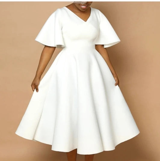 Summer Fashion African Women V-neck Polyester Short Flare Sleeve Red Black Pink Knee-length Dress African Dresses for Women