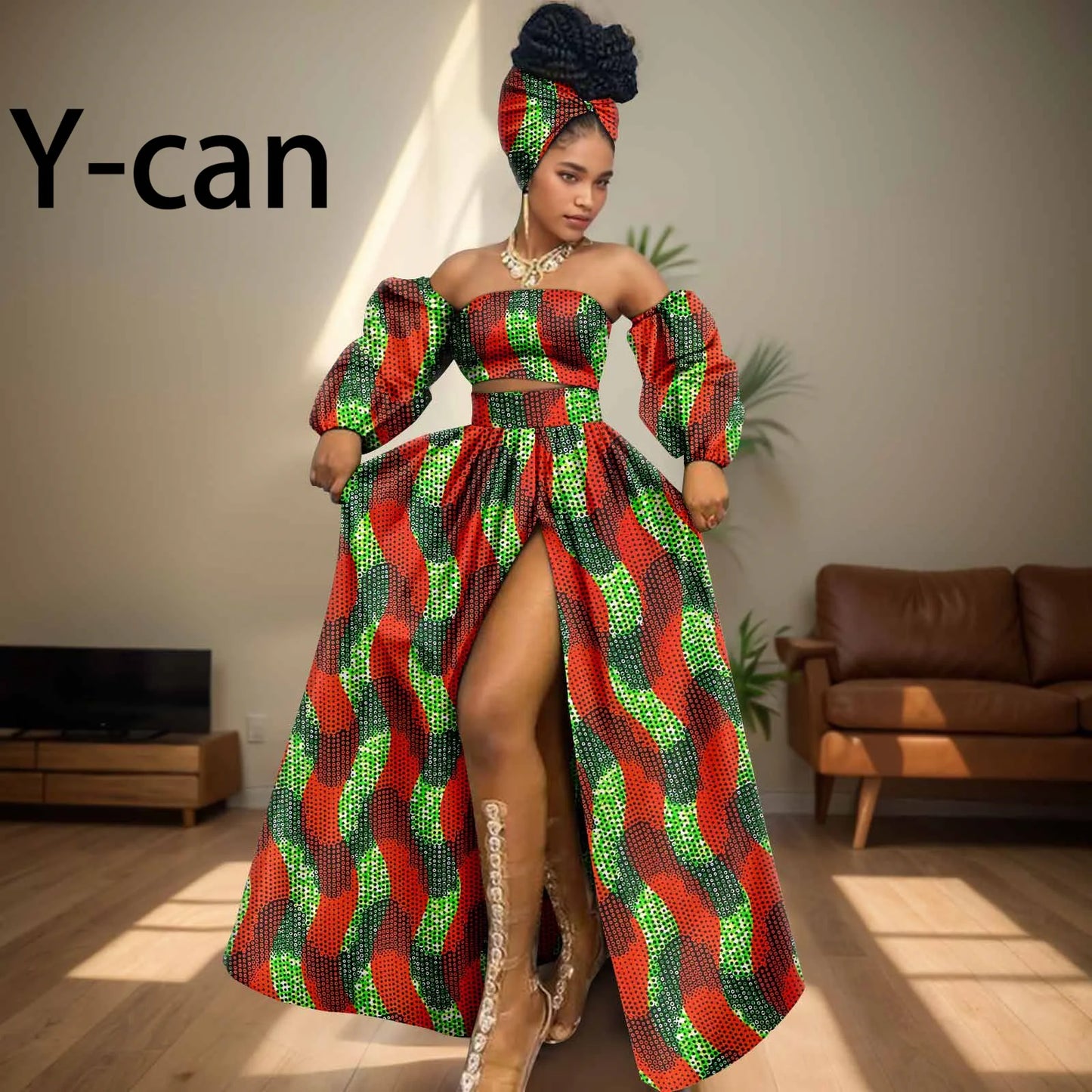 African Women Sexy Sets Two Pieces 2024 Ankara Print Tube Top High Slit Skirt Free Headscarf Female Outfits Women Dress 2426016