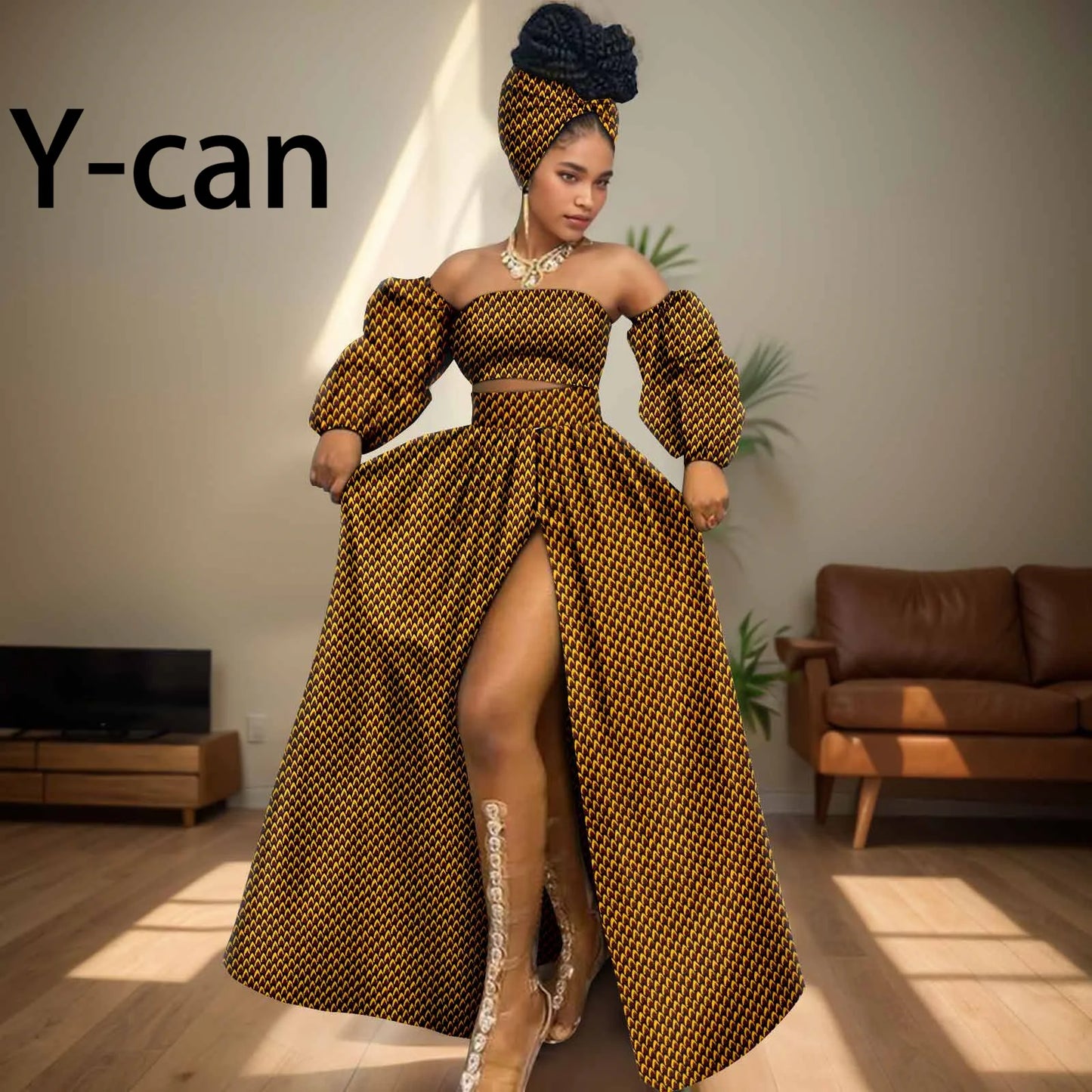 African Women Sexy Sets Two Pieces 2024 Ankara Print Tube Top High Slit Skirt Free Headscarf Female Outfits Women Dress 2426016