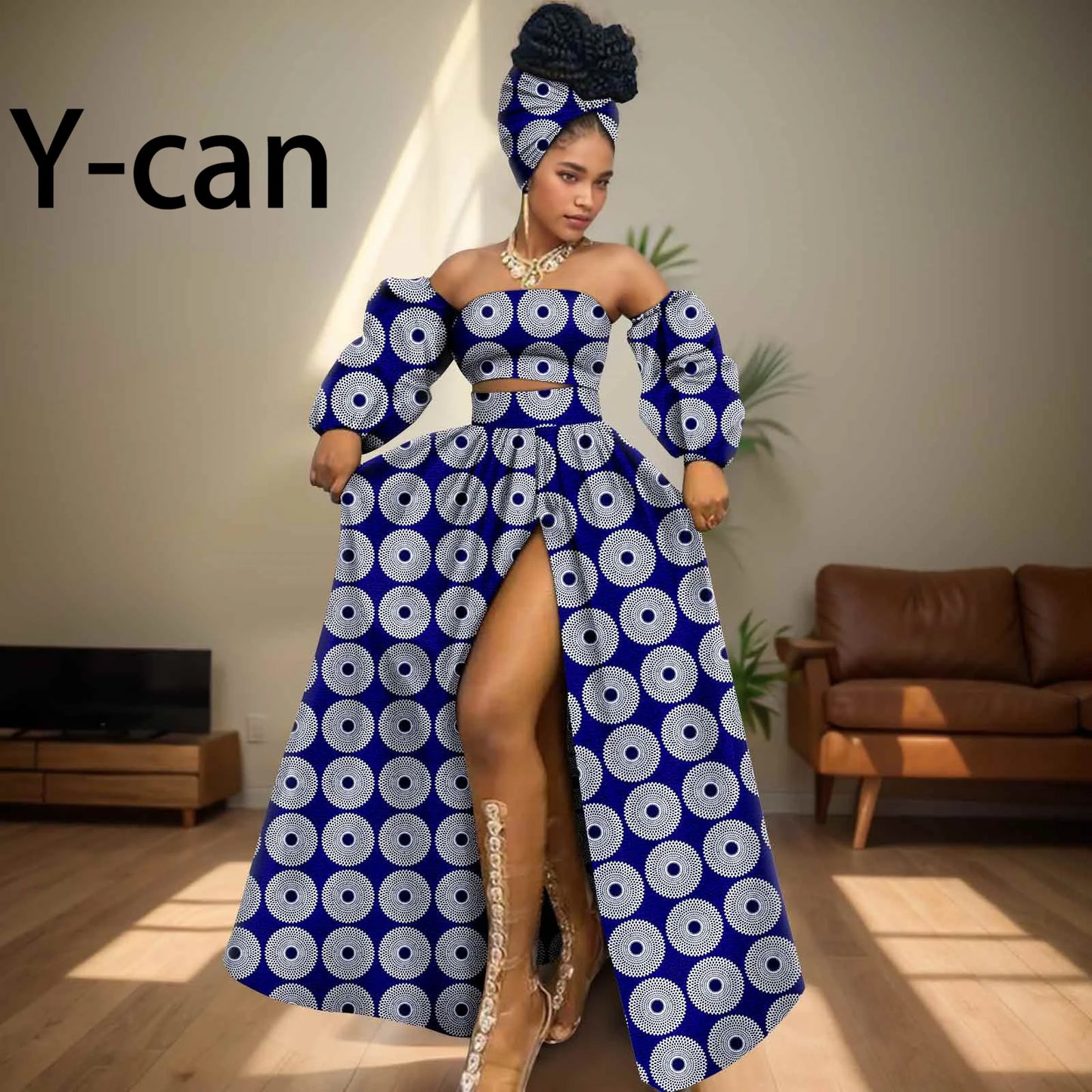 African Women Sexy Sets Two Pieces 2024 Ankara Print Tube Top High Slit Skirt Free Headscarf Female Outfits Women Dress 2426016