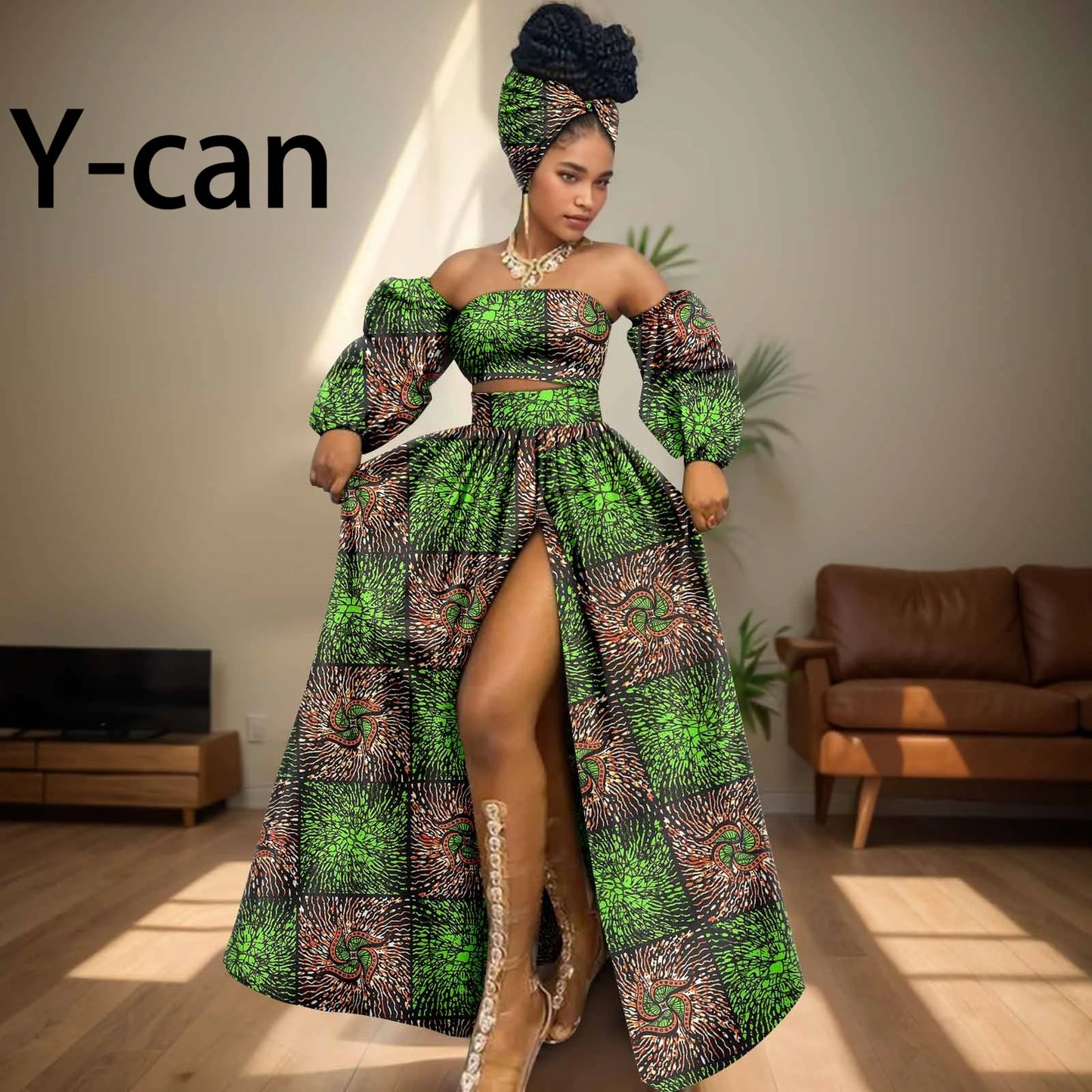 African Women Sexy Sets Two Pieces 2024 Ankara Print Tube Top High Slit Skirt Free Headscarf Female Outfits Women Dress 2426016