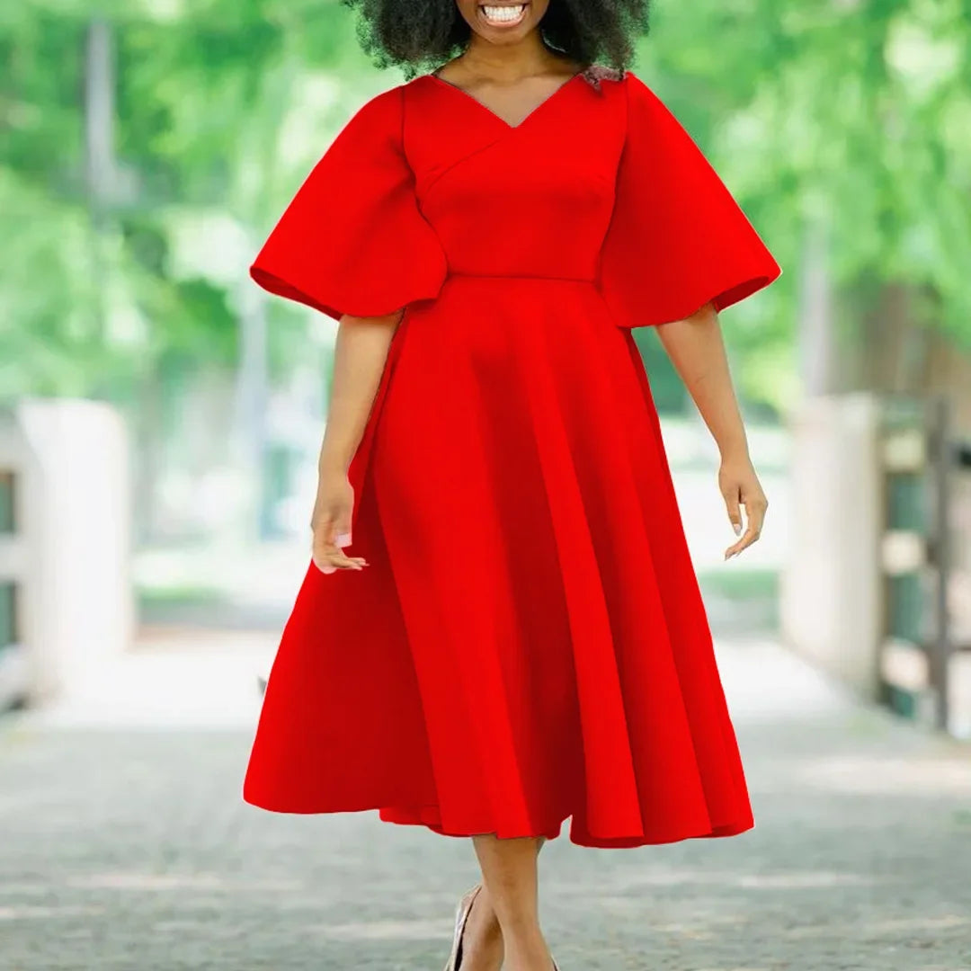 Summer Fashion African Women V-neck Polyester Short Flare Sleeve Red Black Pink Knee-length Dress African Dresses for Women