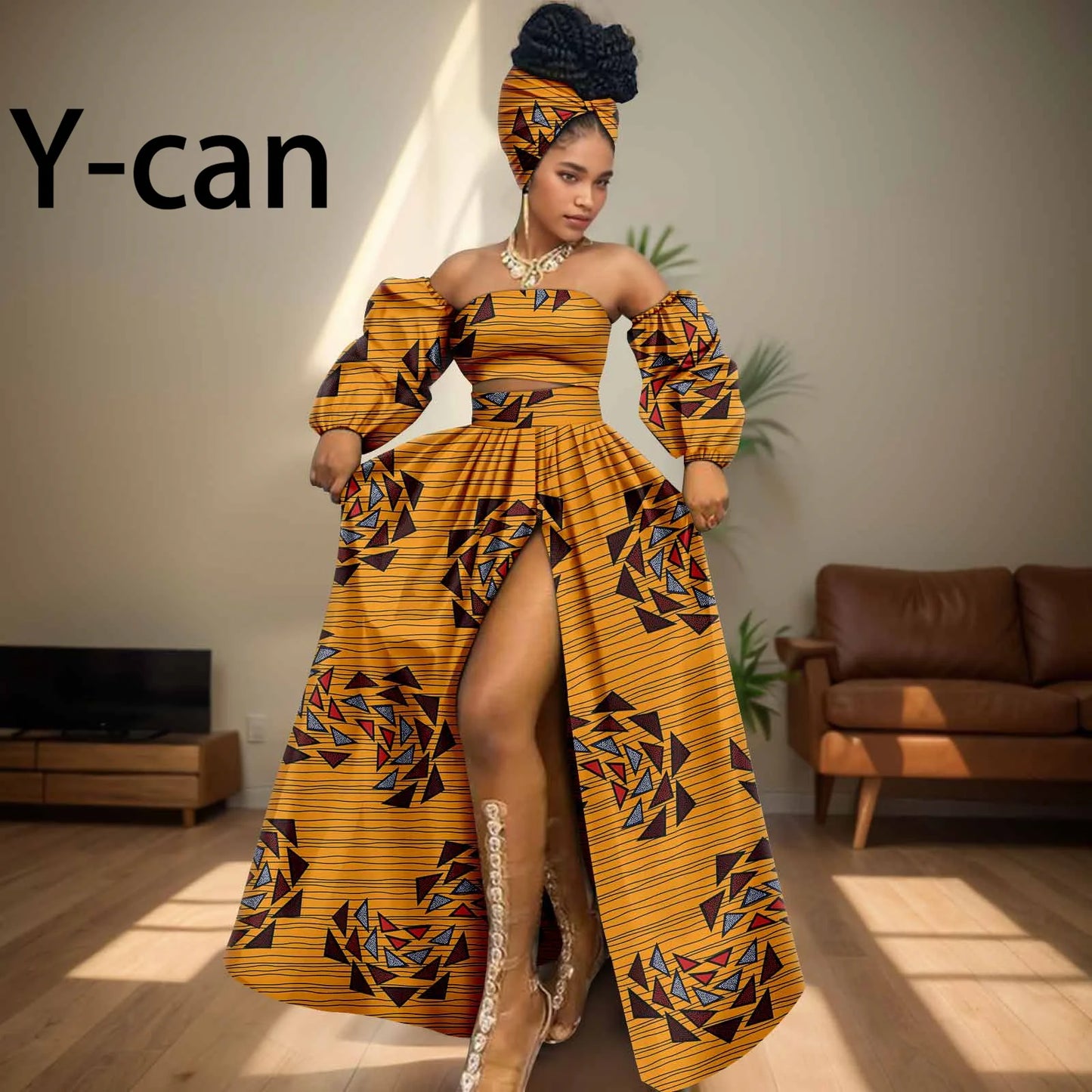 African Women Sexy Sets Two Pieces 2024 Ankara Print Tube Top High Slit Skirt Free Headscarf Female Outfits Women Dress 2426016