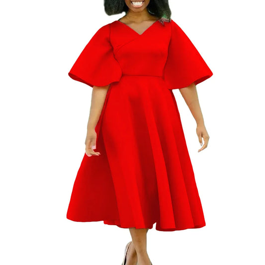 Summer Fashion African Women V-neck Polyester Short Flare Sleeve Red Black Pink Knee-length Dress African Dresses for Women