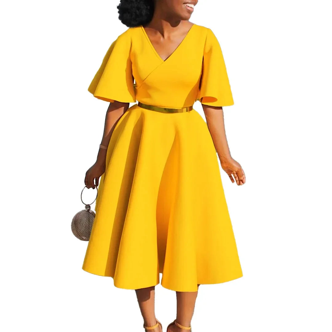 Summer Fashion African Women V-neck Polyester Short Flare Sleeve Red Black Pink Knee-length Dress African Dresses for Women