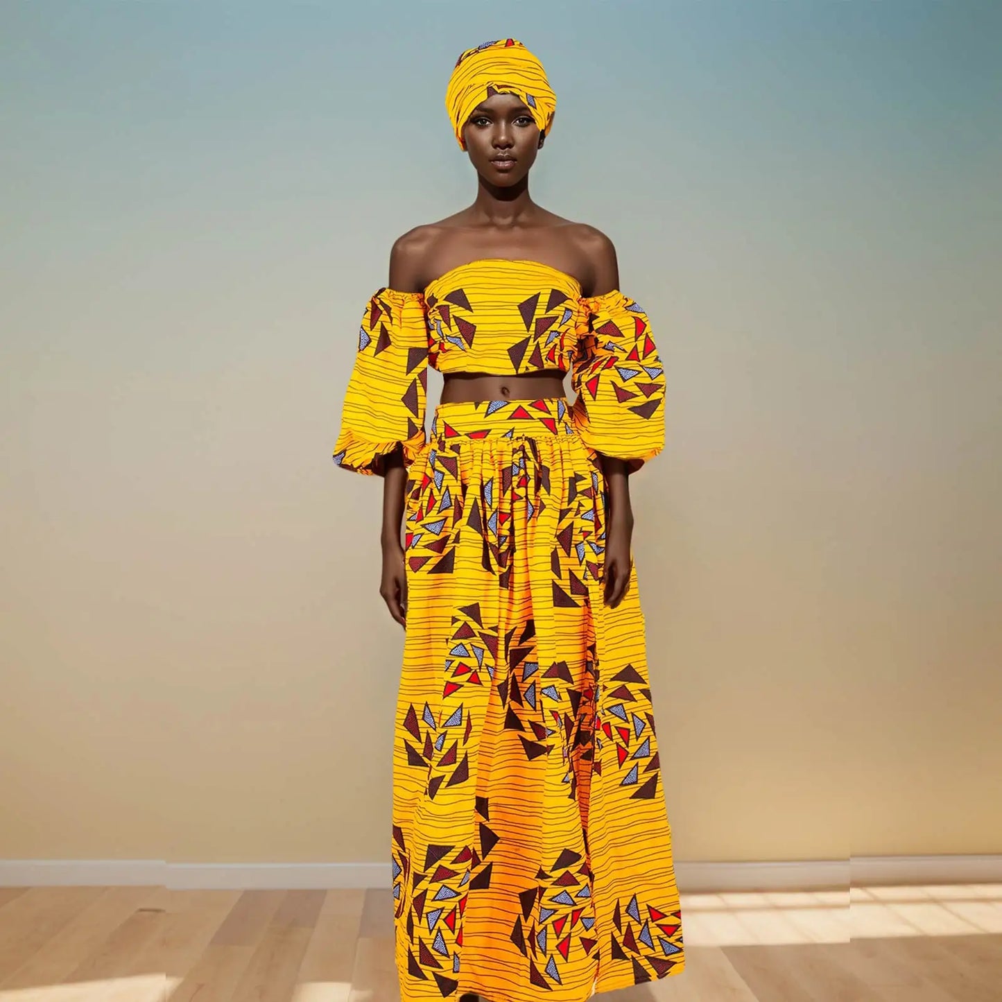 African Women Sexy Sets Two Pieces 2024 Ankara Print Tube Top High Slit Skirt Free Headscarf Female Outfits Women Dress 2426016