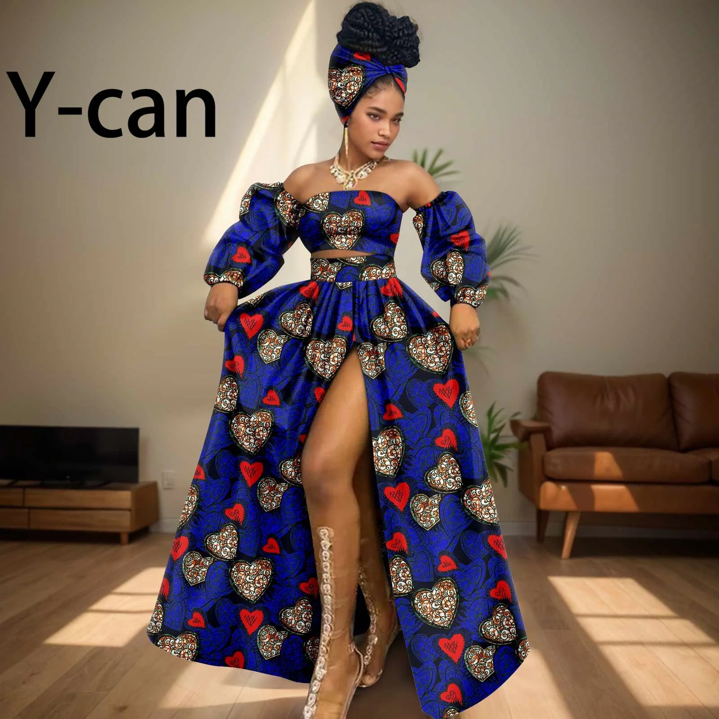 African Women Sexy Sets Two Pieces 2024 Ankara Print Tube Top High Slit Skirt Free Headscarf Female Outfits Women Dress 2426016