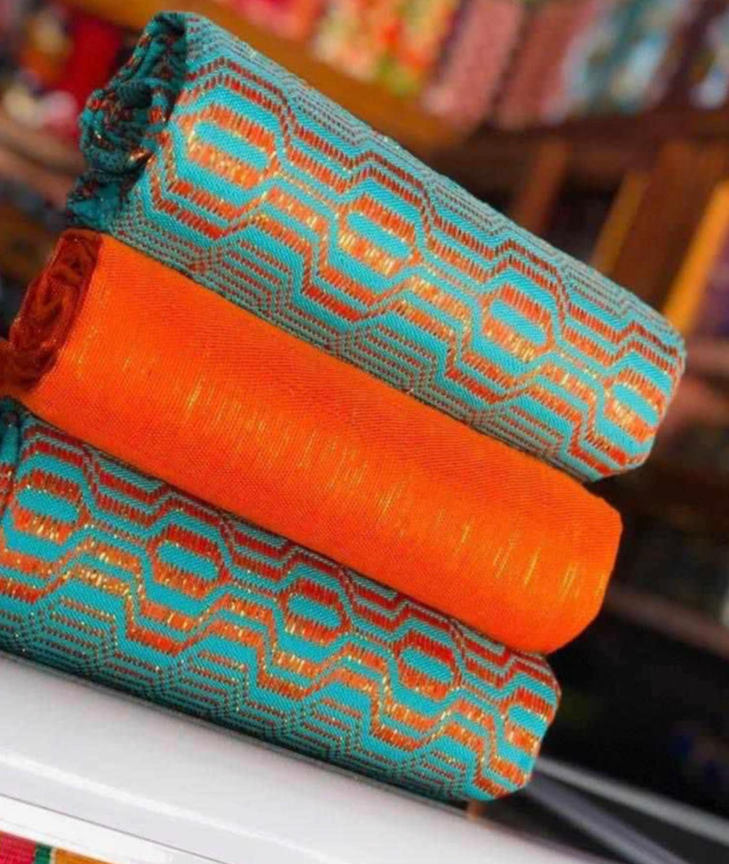 Women Handwoven Kente Fabric, Blue Gold White, Authentic