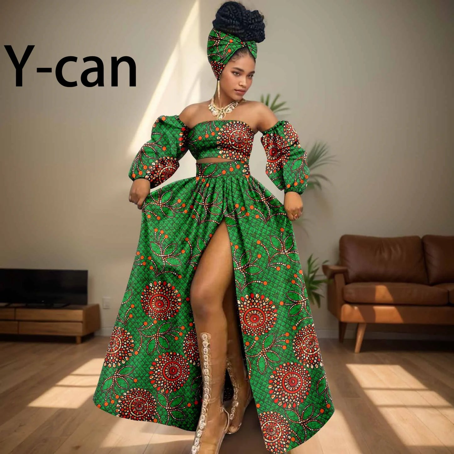 African Women Sexy Sets Two Pieces 2024 Ankara Print Tube Top High Slit Skirt Free Headscarf Female Outfits Women Dress 2426016