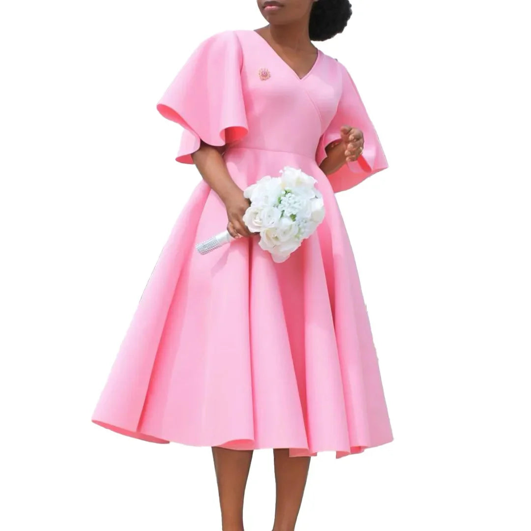 Summer Fashion African Women V-neck Polyester Short Flare Sleeve Red Black Pink Knee-length Dress African Dresses for Women